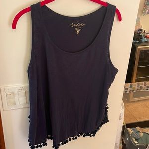 Navy cotton tank with pom poms